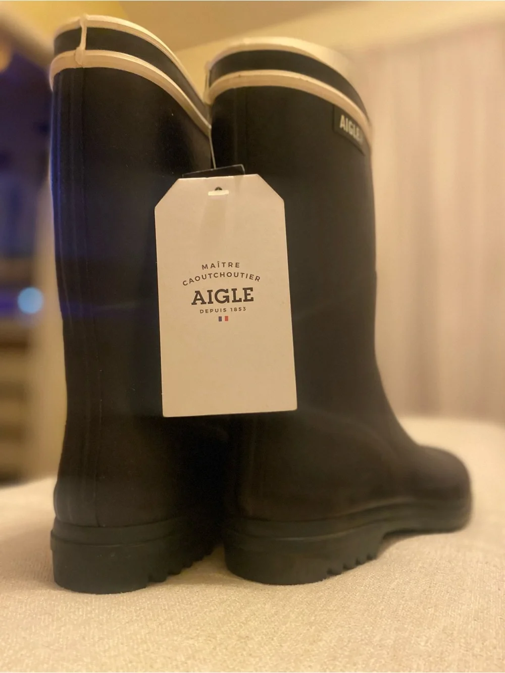 Aigle Black Rain Boots with Cream Trim